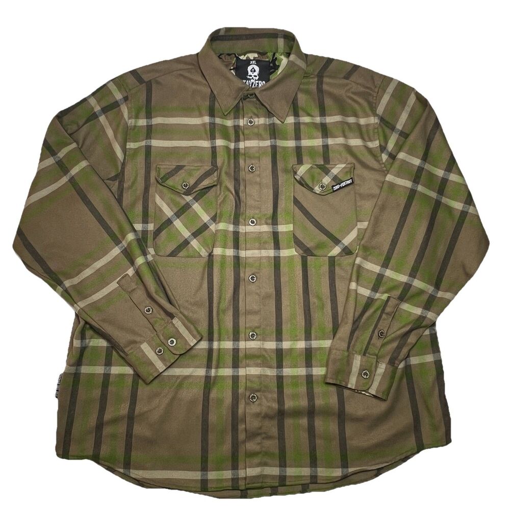 Zero Foxtrot Shirt Mens 3XL Brown Camo Plaid Flannel Long Sleeve Flex Stretch